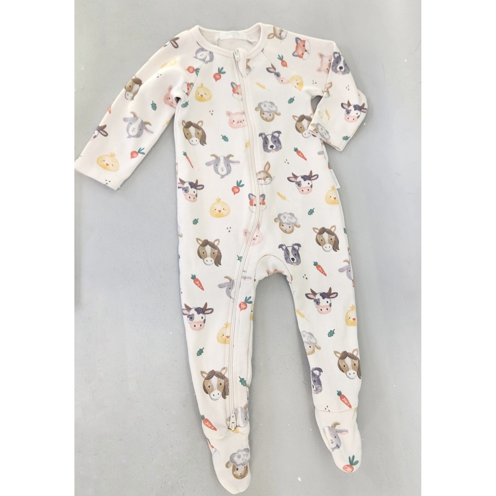 Purebaby Footed Pajamas Kids 00 Cream Farm Animal Organic Cotton Double Zip